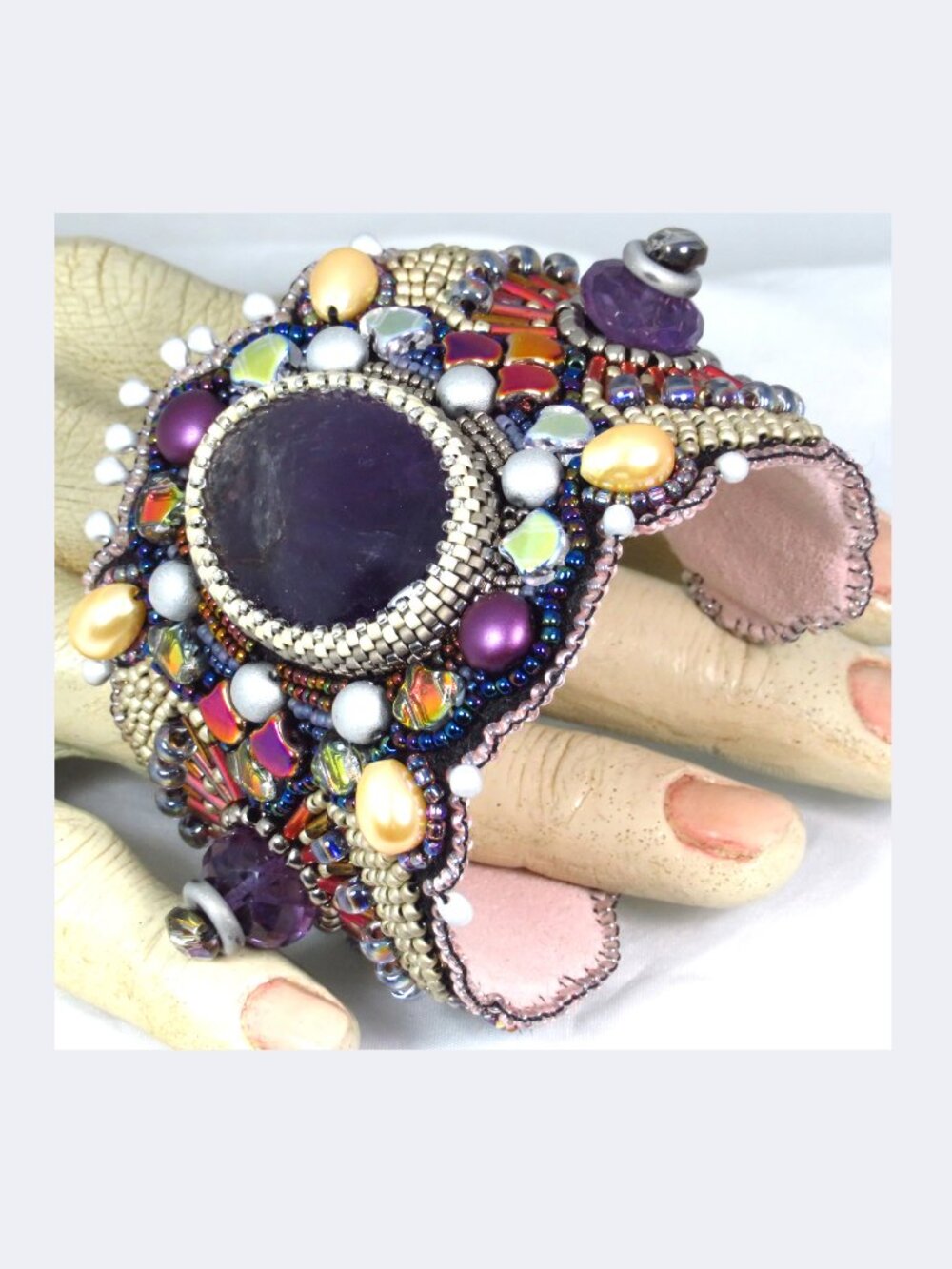 Amethyst beaded cuff bracelet handmade
